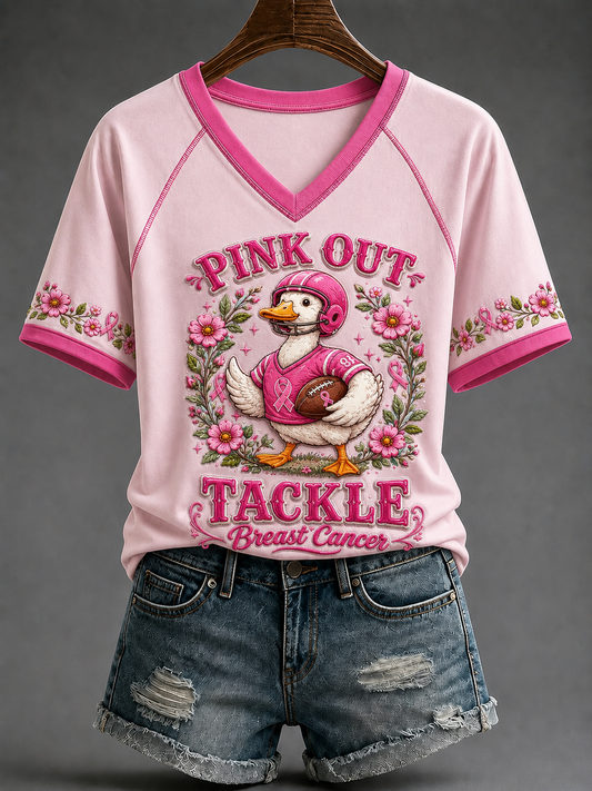 Women's Pink Out V-neck Off-shoulder Short-sleeved T-shirt