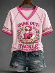 Women's Pink Out V-neck Off-shoulder Short-sleeved T-shirt