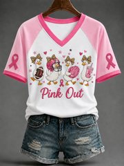 Women's Pink Out V-neck Off-shoulder Short-sleeved T-shirt