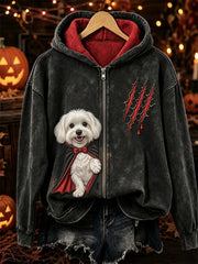 Women's Halloween Peeking Maltese Dog Vampire Print Full Zip Hoodie