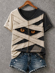 Women's Halloween Patchwork Print Casual V-Neck Tee