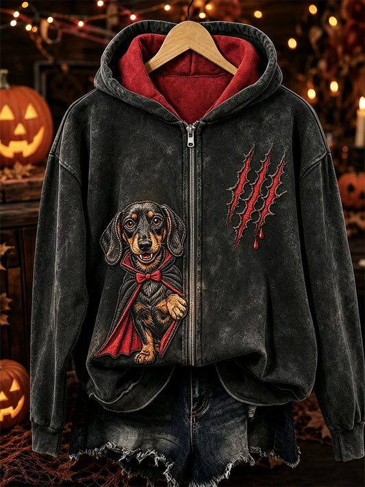 Women's Halloween Peeking Dachshund Dog Vampire Print Full Zip Hoodie