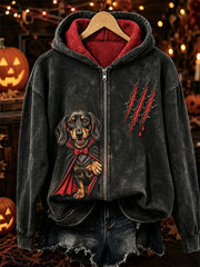 Women's Halloween Peeking Dachshund Dog Vampire Print Full Zip Hoodie