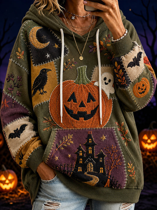 Women's Halloween-themed print and color-blocked design casual hoodie