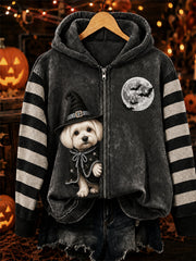 Women's Halloween Peeking Maltese Dog Witch Print Full Zip Hoodie