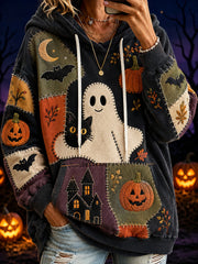 Women's Halloween-themed print and color-blocked design casual hoodie