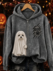 Women's Boo Halloween Peeking Maltese Dog Ghost Print Full Zip Hoodie