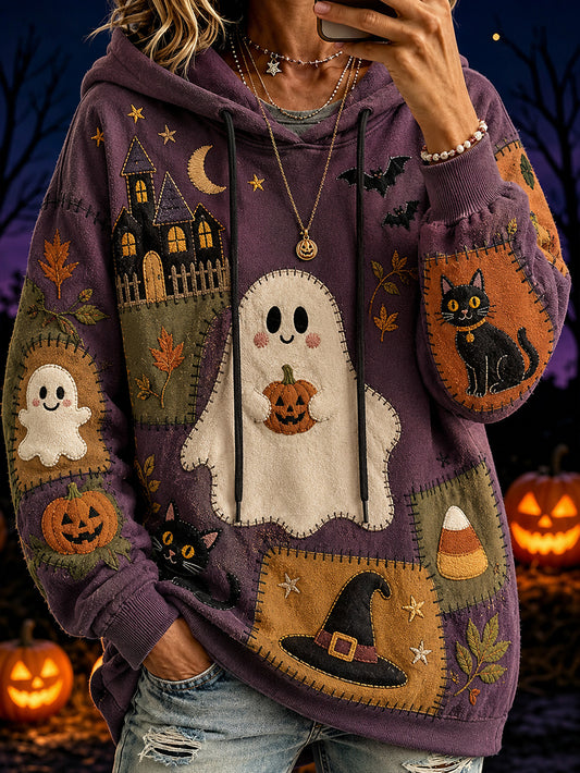Women's Halloween-themed print and color-blocked design casual hoodie