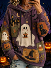 Women's Halloween-themed print and color-blocked design casual hoodie