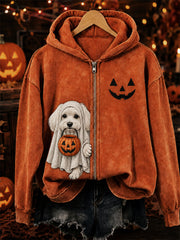 Women's Halloween Peeking Maltese Dog Ghost Print Full Zip Hoodie