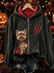 Women's Halloween Peeking Yorkshire Dog Vampire Print Full Zip Hoodie