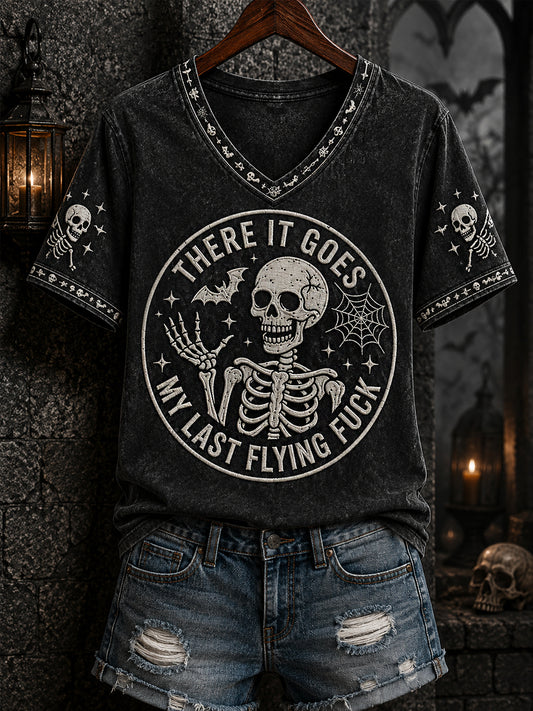 Women's Funny Halloween Skeleton There It Goes My Last Flying Fuck Print Casual V-Neck Tee