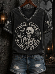 Women's Funny Halloween Skeleton There It Goes My Last Flying Fuck Print Casual V-Neck Tee