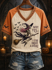 Women's Funny Halloween Skeleton Witch Why Yes,Actually I Can Drive A Stick Print Casual V-Neck Tee