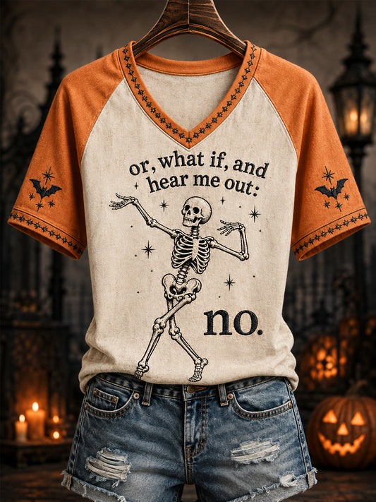 Women's Funny Halloween Skeleton Print Casual V-Neck Tee