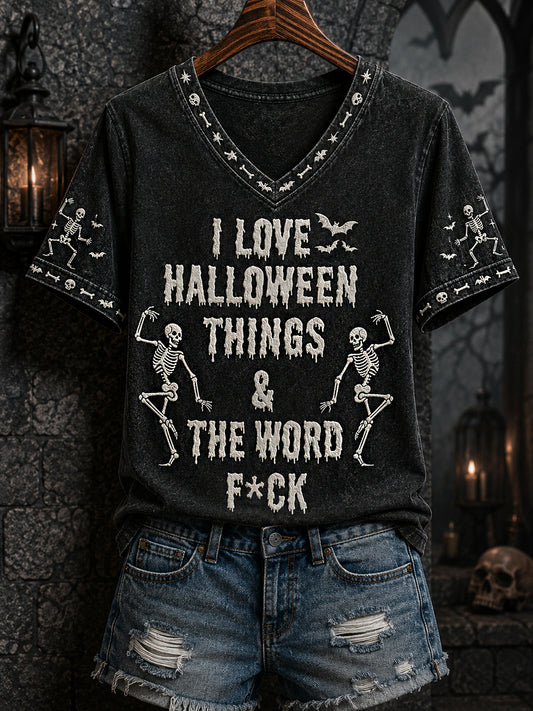 Women's Funny Skeleton I Love Halloween Things & The Word F*ck Print Casual V-Neck Tee