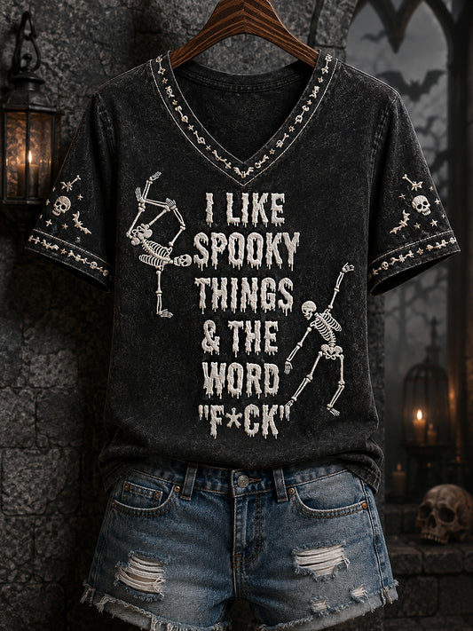 Women's Funny Skeleton I Love Halloween Things & The Word F*ck Print Casual V-Neck Tee