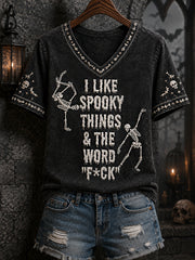Women's Funny Skeleton I Love Halloween Things & The Word F*ck Print Casual V-Neck Tee