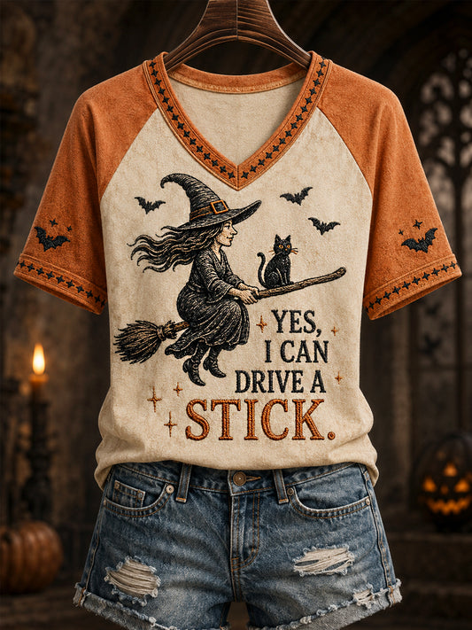 Women's Funny Halloween Witch And Black Cat Why Yes,Actually I Can Drive A Stick Print Casual V-Neck Tee