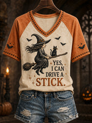 Women's Funny Halloween Witch And Black Cat Why Yes,Actually I Can Drive A Stick Print Casual V-Neck Tee