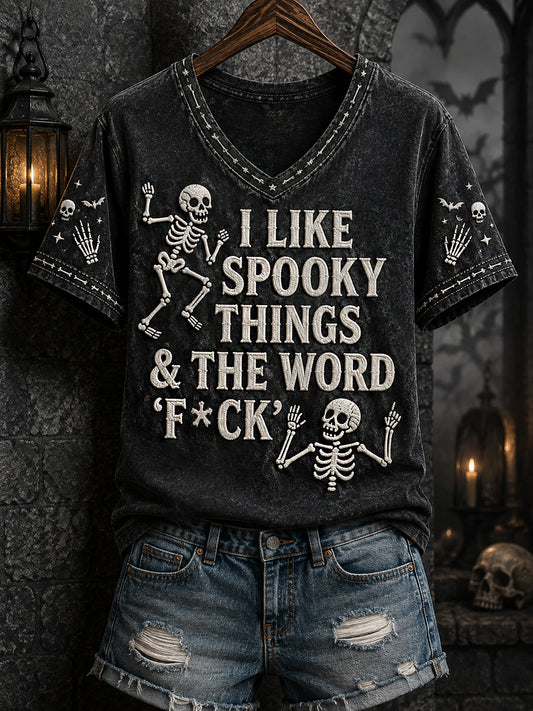 Women's Funny Skeleton I Love Halloween Things & The Word F*ck Print Casual V-Neck Tee