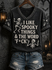 Women's Funny Skeleton I Love Halloween Things & The Word F*ck Print Casual V-Neck Tee