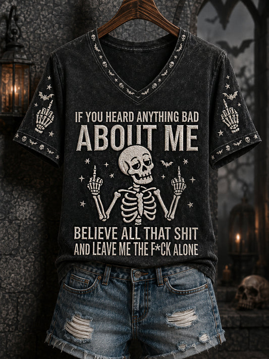 Women's Funny Halloween Skeleton Print Casual V-Neck Tee