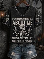 Women's Funny Halloween Skeleton Print Casual V-Neck Tee