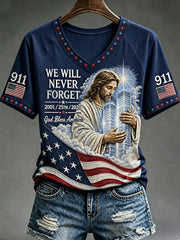 Women's WE WILL NEVER FORGET 2001/25TH/2026 God Bless America T-shirt
