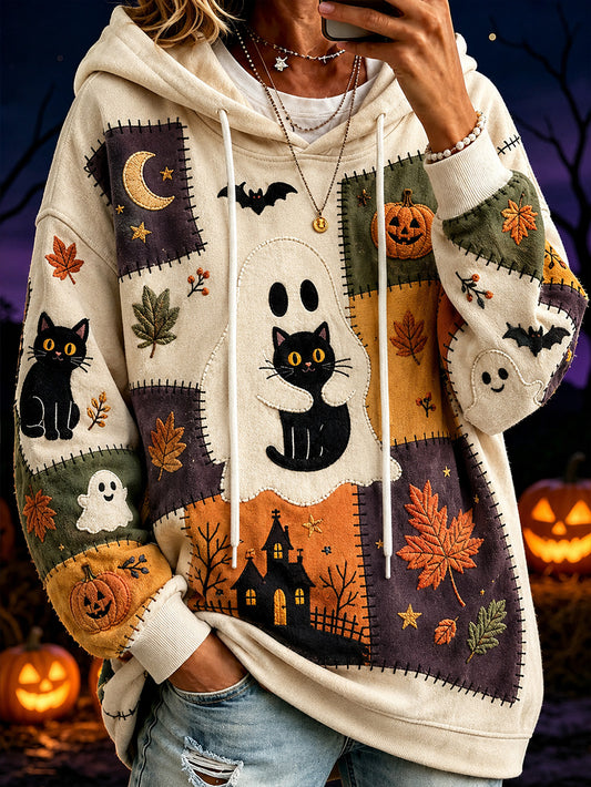 Women's Halloween-themed print and color-blocked design casual hoodie