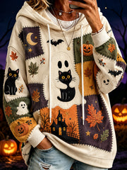 Women's Halloween-themed print and color-blocked design casual hoodie