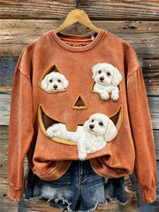 Women's Lovely Peeking Maltese Dogs Halloween Pumpkin Face Print Sweatshirt
