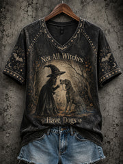 Women's Halloween Witch And Dog Pattern Printed Casual Short Sleeve T-Shirt