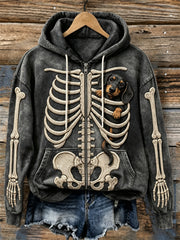 Women's Hanging Peeking Dachshund Dog Skeleton Print Full Zip Hoodie