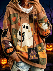 Women's Halloween Pattern Color Block Printed Causal Hoodie