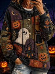 Women's Halloween-themed print and color-blocked design casual hoodie