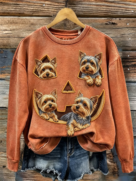Women's Lovely Peeking Yorkshire Dogs Halloween Pumpkin Face Print Sweatshirt
