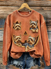 Women's Lovely Peeking Yorkshire Dogs Halloween Pumpkin Face Print Sweatshirt