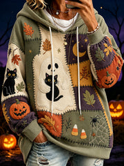 Women's Halloween-themed print and color-blocked design casual hoodie