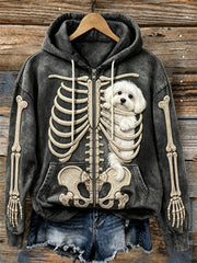 Women's Hanging Peeking Maltese Dog Skeleton Print Full Zip Hoodie