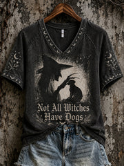 Women's Halloween Witch And Dog Pattern Printed Casual Short Sleeve T-Shirt