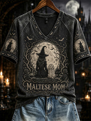 Women's Halloween Witch Maltese Mom Print short-sleeved T-shirt