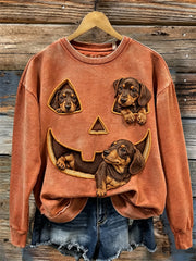 Women's Lovely Peeking Dachshund Dogs Halloween Pumpkin Face Print Sweatshirt