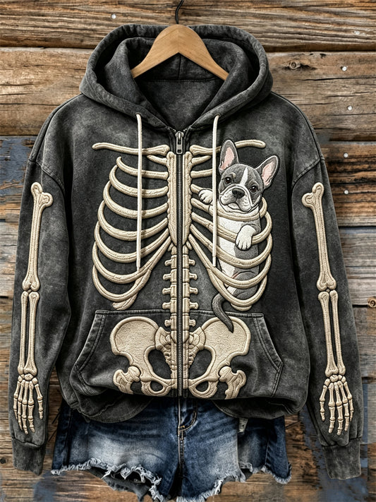 Women's Hanging Peeking French Bulldog Skeleton Print Full Zip Hoodie