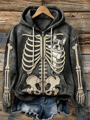Women's Hanging Peeking French Bulldog Skeleton Print Full Zip Hoodie