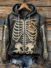 Women's Hanging Peeking Yorkshire Dog Skeleton Print Full Zip Hoodie