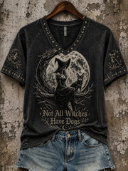 Women's Halloween Witch And Dog Pattern Printed Casual Short Sleeve T-Shirt