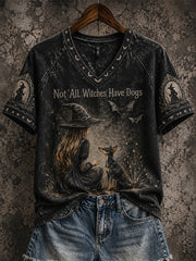 Women's Halloween Witch And Dog Pattern Printed Casual Short Sleeve T-Shirt