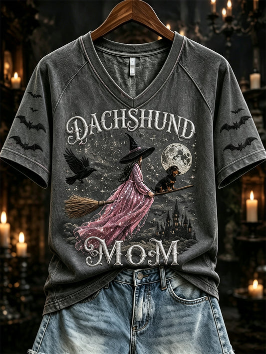 Women's Halloween Witch Dachshund Mom Print short-sleeved T-shirt