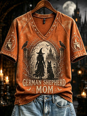 Women's Halloween German Shepherd Mom Witch Print V-neck Short-sleeved T-shirt